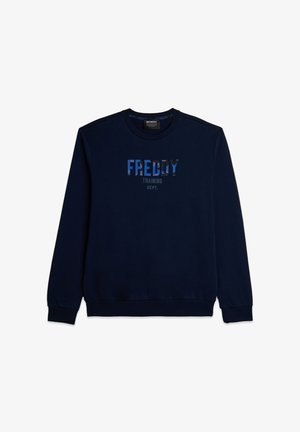 Felpa blu navy con scollo rotondo, maniche lunghe e polsini a coste. Presenta la scritta "FREDDY TRAINING DEPT." stampata sul davanti in colori a contrasto.