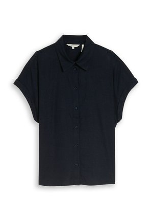 Kurzärmelige schwarze Bluse mit Knöpfen, Kragen und aufgerollten Manschetten, Größe 36, flach auf weißem Hintergrund dargestellt.