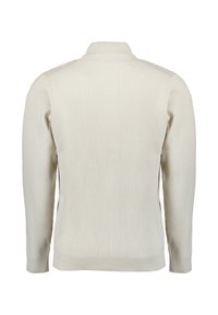 Off-white, lange mouw ribgebreide trui met hoge kraag, zichtbaar van achteren.