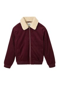 Veste en velours côtelé bordeaux avec col en fausse fourrure crème, fermeture zippée et poches latérales. Poignets et ceinture côtelés complètent le design.