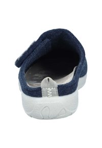 Dark blue felt slip-on shoe with a white rubber sole, featuring a back loop for easy wear. Smooth interior lining and adjustable strap.