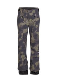 Camouflage sneeuwbroek in donkergrijs en groen. Voorzien van waterdicht materiaal, meerdere zakken en een verstelbare tailleband. Elastische boorden bij de enkels.