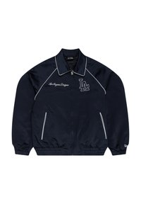 Navy satin jacket with white accents. Features a collar, zip closure, side pockets, and embroidered "Los Angeles Dodgers" logo.