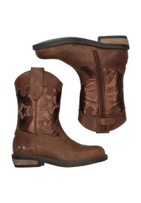 Bruine leren cowboylaarzen met een glanzend koperen sterdesign, een rits aan de zijkant en een contrasterende zwarte rubberen zool. Decoratieve stiksel op de tenen.