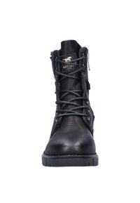 Bottines en cuir noir avec un bout rond, un laçage à l'avant, une fermeture éclair sur le côté et une semelle en caoutchouc robuste. Présente une étiquette avec logo sur le dessus.