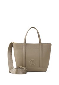 Borsa a spalla in pelle tan con due manici corti, tracolla staccabile e dettaglio del logo impressa. Design strutturato con finitura testurizzata.