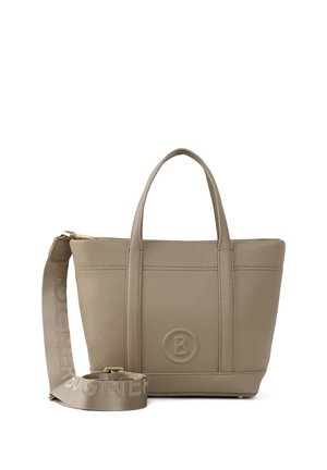 Tan leather tote bag with two short handles, a detachable shoulder strap, and embossed logo detail. Structured design with a textured finish.