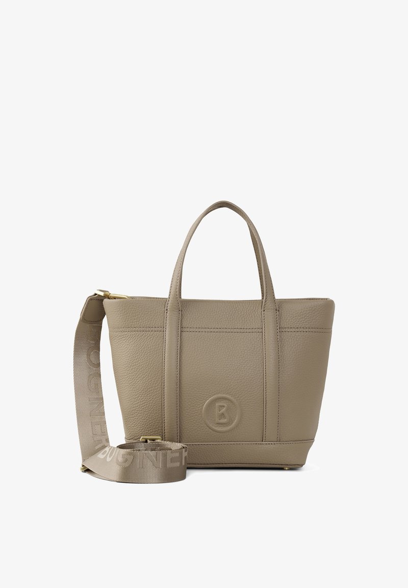 Borsa a spalla in pelle tan con due manici corti, tracolla staccabile e dettaglio del logo impressa. Design strutturato con finitura testurizzata.