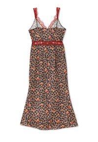 Vestito a stampa leopardata con macchie marroni e blu navy, accenti rossi, bordatura in pizzo sulle spalline e dettaglio in vita aderente. Silhouette lunga e fluente.