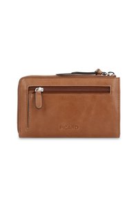 Brown leather wallet with zippered pocket, smooth texture, and embossed brand logo. Rectangular shape and compact design.