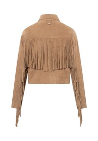 Hellbraune Wildleder-Jacke, kurz geschnitten, mit langen Fransen über den Rücken und an den gesamten Ärmeln entlang.