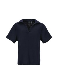 Chemise bleu marine à manches courtes en tissu texturé, décolleté en V et col pointu. Présente une coupe décontractée et un logo subtil sur la poitrine.