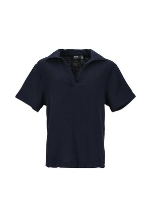 Navy blue short-sleeve shirt with a textured fabric, V-neckline, and a pointed collar. Features a loose-fit design and subtle branding at the chest.