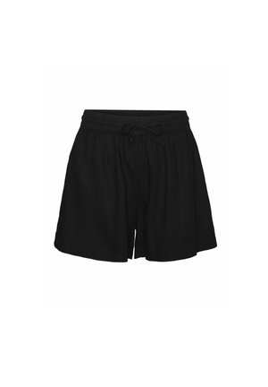 Sorte linnedshorts med elastisk talje og snøre, der har en afslappet pasform og kort længde, designet til komfort og nem påklædning.