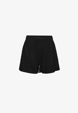Sorte linnedshorts med elastisk talje og snøre, der har en afslappet pasform og kort længde, designet til komfort og nem påklædning.
