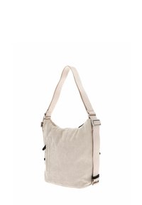Sac à bandoulière en velours côtelé beige clair, avec une texture douce, une sangle ajustable et des accents en métal argenté. Forme rectangulaire avec fermeture éclair.