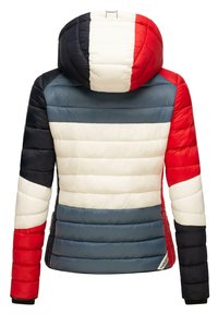 Veste rembourrée présentant un design multicolore avec des rayures rouges, marine, crème et bleues. Comprend une capuche et des poignets élastiques.