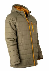 Gepolsterte Kapuzenjacke in Olivgrün mit kontrastierendem orangefarbenem Reißverschluss. Steppdesign, ausgestattet mit einer Reißverschlusstasche auf der Brust und strukturierten Ärmeln.