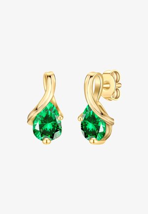 Orecchini color oro con pietre verdi a forma di goccia. Gli accenti curvi creano un design fluido. La finitura lucida esalta la luminosità delle pietre.