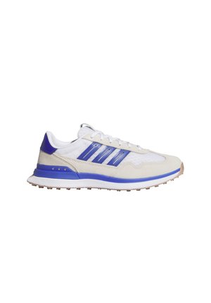 Sneaker bianca e beige con dettagli blu e tre strisce blu sul lato, progettata per uso casual con suola testurizzata.