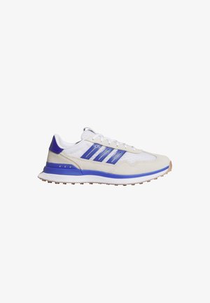 Zapatilla blanca y beige con detalles azules y tres franjas azules en el lateral, diseñada para uso casual con una suela texturizada.