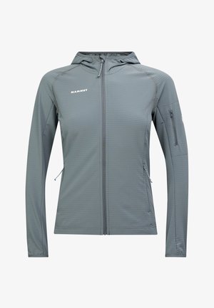 Lichte, grijze Mammut-jack met capuchon, volledige rits, zijzakken en gestructureerd oppervlak, ontworpen voor buitengebruik.