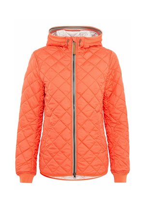 Quilted orange jacket with a hood, featuring a zipper closure and ribbed cuffs. Smooth exterior with a diamond pattern and contrast lining.