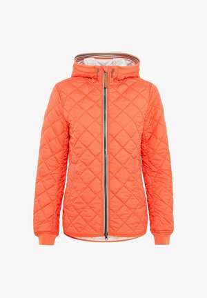 Kurtka pomarańczowa, pikowana, z kapturem, z zapięciem na zamek i ściągaczami przy mankietach. Gładka powierzchnia z diamentowym wzorem i kontrastową podszewką.