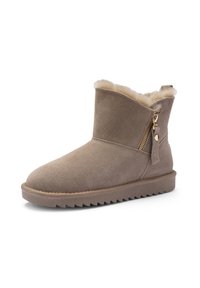 Taupefarbener Wildleder-Stiefelette mit Schaffellfutter, seitlichem Reißverschluss mit Zuglasche und profilloser Gummisohle für besseren Halt.