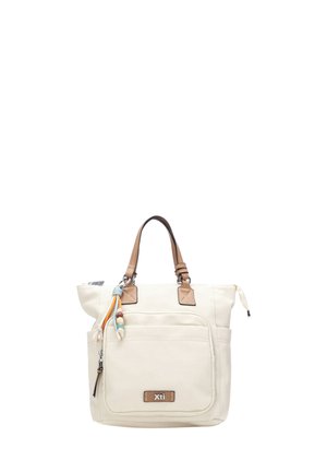 Kremowa torba na ramię z beżowymi uchwytami, przednią kieszenią, ozdobnymi koralikami i logo "Xti" na białym tle.