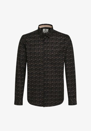 Musthave mustega mustriga mustoehi geomeetrilise mustriga, musta värvi, millel on pruunides toonides geomeetrilised mustrid; krae ja nööbiga esiosa; kangas näib olevat sile ja kerge.