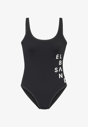 Crni jednodijelni kupaći kostim s širokim naramenicama, bijeli logotip s tekstom sa strane i kontrastnim šavovima. Glatka tekstura, visoko rezani dizajn nogavica.