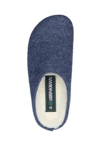 Navy blue felt slipper with a soft cream lining and a circular logo detail. Features an open toe design and a flat sole.