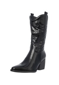 Botas de cowboy de cuero negro con punta afilada, tacón cuadrado, costura decorativa y lazos de sujeción en un eje liso. La textura es brillante y elegante.