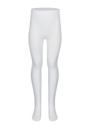 White nylon tights with a smooth texture and a fitted design, featuring a seamless waist and full-length coverage.