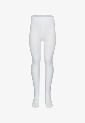 White nylon tights with a smooth texture and a fitted design, featuring a seamless waist and full-length coverage.