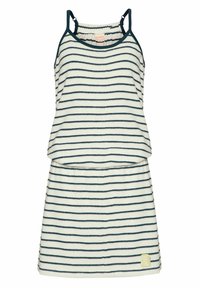 Biała sukienka na ramiączkach bez rękawów z cienkimi czarnymi poziomymi paskami, czarnymi wykończeniami na ramiączkach oraz małą żółtą łatą blisko dołu.