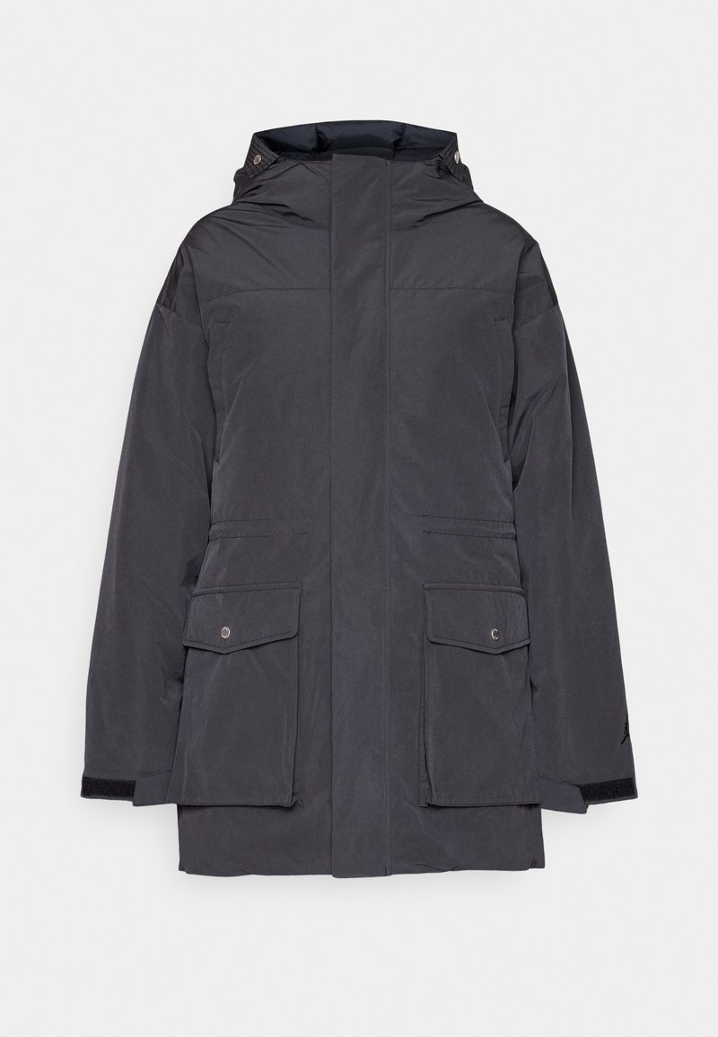 Veste d'hiver à capuche gris foncé avec fermeture éclair avant, poches à rabat à boutons-pression et poignets réglables en Velcro.