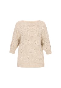 Pulover tricotat în bej deschis, cu un model de tip dantelă ce prezintă designe ondulate. Are un decolteu larg și mâneci trei sferturi.