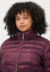 Burgundy puffer jacket with a high collar, featuring a gold zipper and quilted texture. Smooth, shiny fabric with a fitted design.