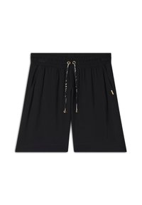 Pantaloni shorts neri con vita elastica, dotati di un cordoncino con hardware dorato e tasche laterali, realizzati in un morbido tessuto testurizzato.