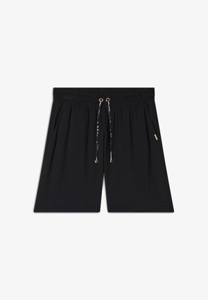 Pantaloni shorts neri con vita elastica, dotati di un cordoncino con hardware dorato e tasche laterali, realizzati in un morbido tessuto testurizzato.