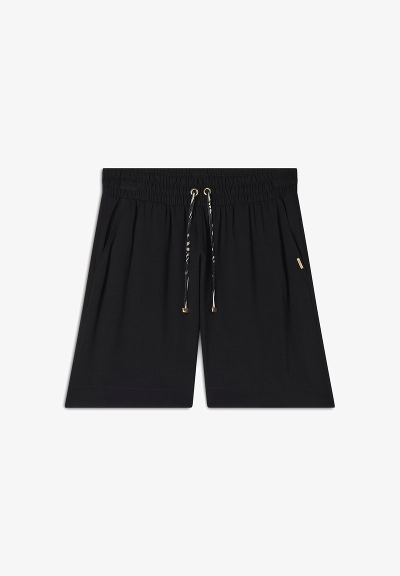 Pantalones cortos negros con una cinturilla elástica, que cuentan con un cordón con herrajes dorados y bolsillos laterales, fabricados en un tejido suave y texturizado.