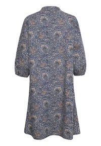 Mörkblå klänning med paisleymönster, med krage och 3/4-långa ärmar, tillverkad av ett lätt material, med en avslappnad passform.