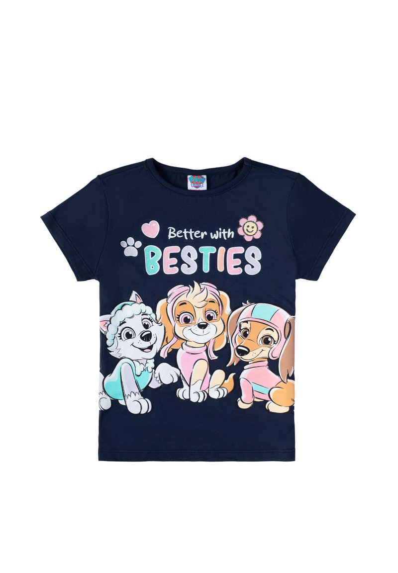 T-shirt in cotone blu navy con cani da cartone, con la scritta "Meglio con i MIGLIORI AMICI" in colori vivaci e dettagli grafici in rosa, turchese e giallo.