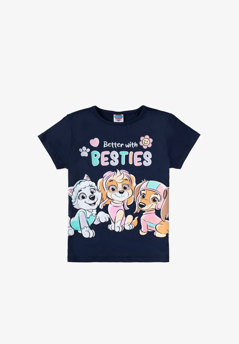 T-shirt in cotone blu navy con cani da cartone, con la scritta "Meglio con i MIGLIORI AMICI" in colori vivaci e dettagli grafici in rosa, turchese e giallo.