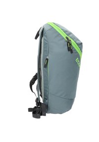 Zaino grigio con una texture geometrica, dotato di una cerniera e dettagli verde brillante, spallacci regolabili e tasche laterali in rete.