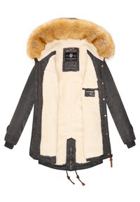 Parka gris foncé avec doublure polaire crème et bordure de capuche en fausse fourrure marron amovible, affiché ouvert montrant les étiquettes intérieures et les cordons ajustables.