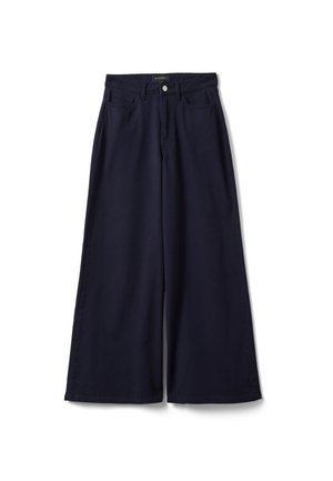 Pantalones de pierna ancha en azul marino con botón y cremallera delanteros, trabillas para cinturón y bolsillos delanteros, colocados planos sobre un fondo blanco.