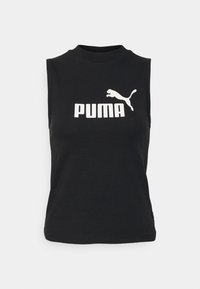 Black sleeveless top made of cotton, featuring a white "PUMA" logo and leaping puma design printed on the front. Smooth texture, no visible accents.